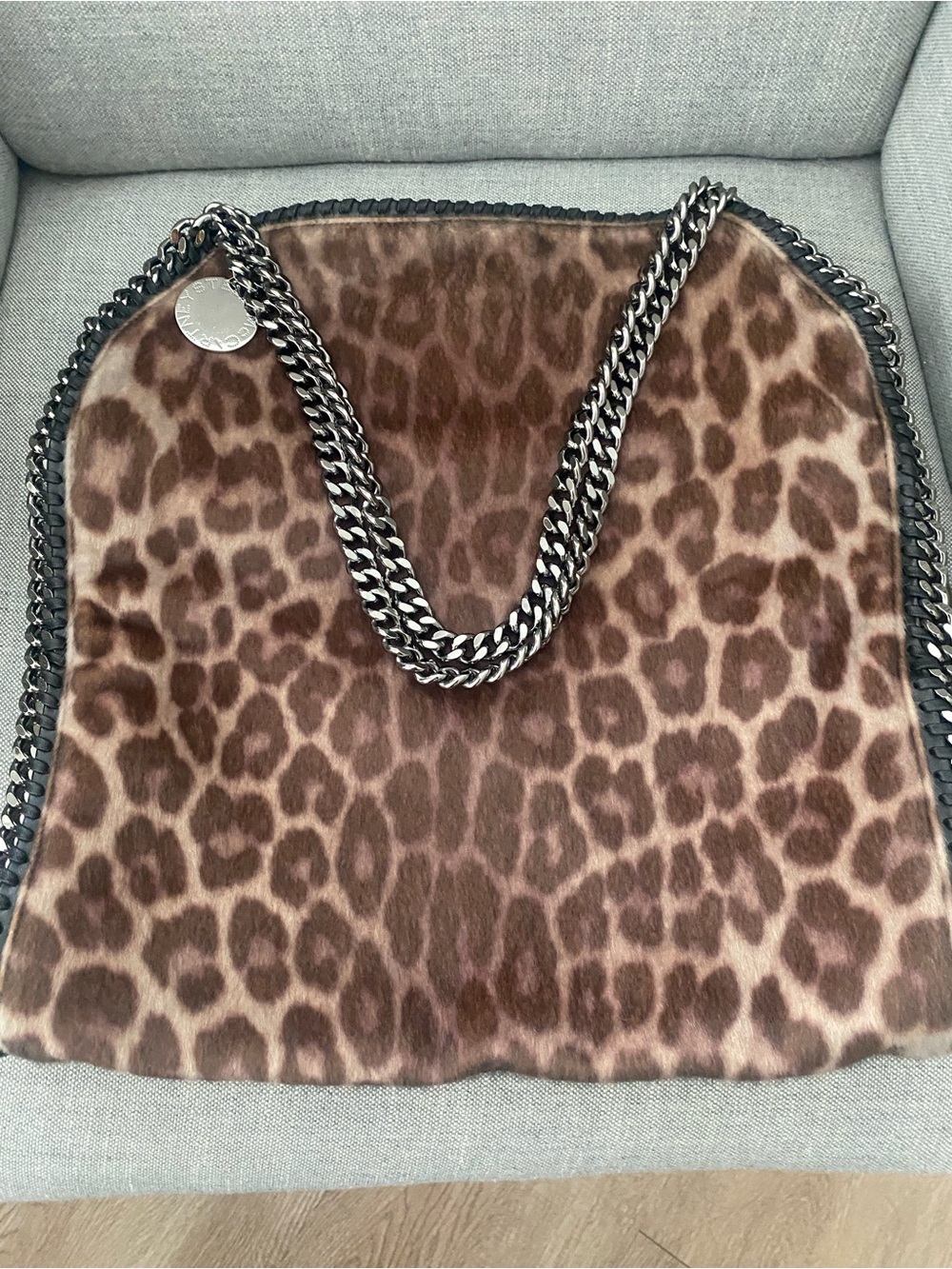 Stella McCartney Leopard-Print Chain-Trim Tote in Brown and tan.